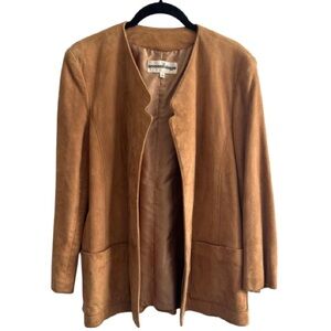 Vintage Assemblage Suede Leather Collarless Open Front Blazer Jacket Tan Brown